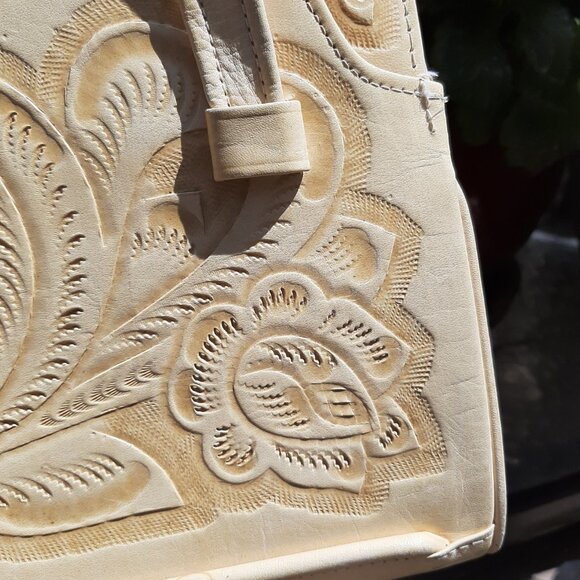 VINTAGE Hand Tooled Mexican Leather Purse Handbag Tan Floral 11" x 8" x 5" - Picture 9 of 16